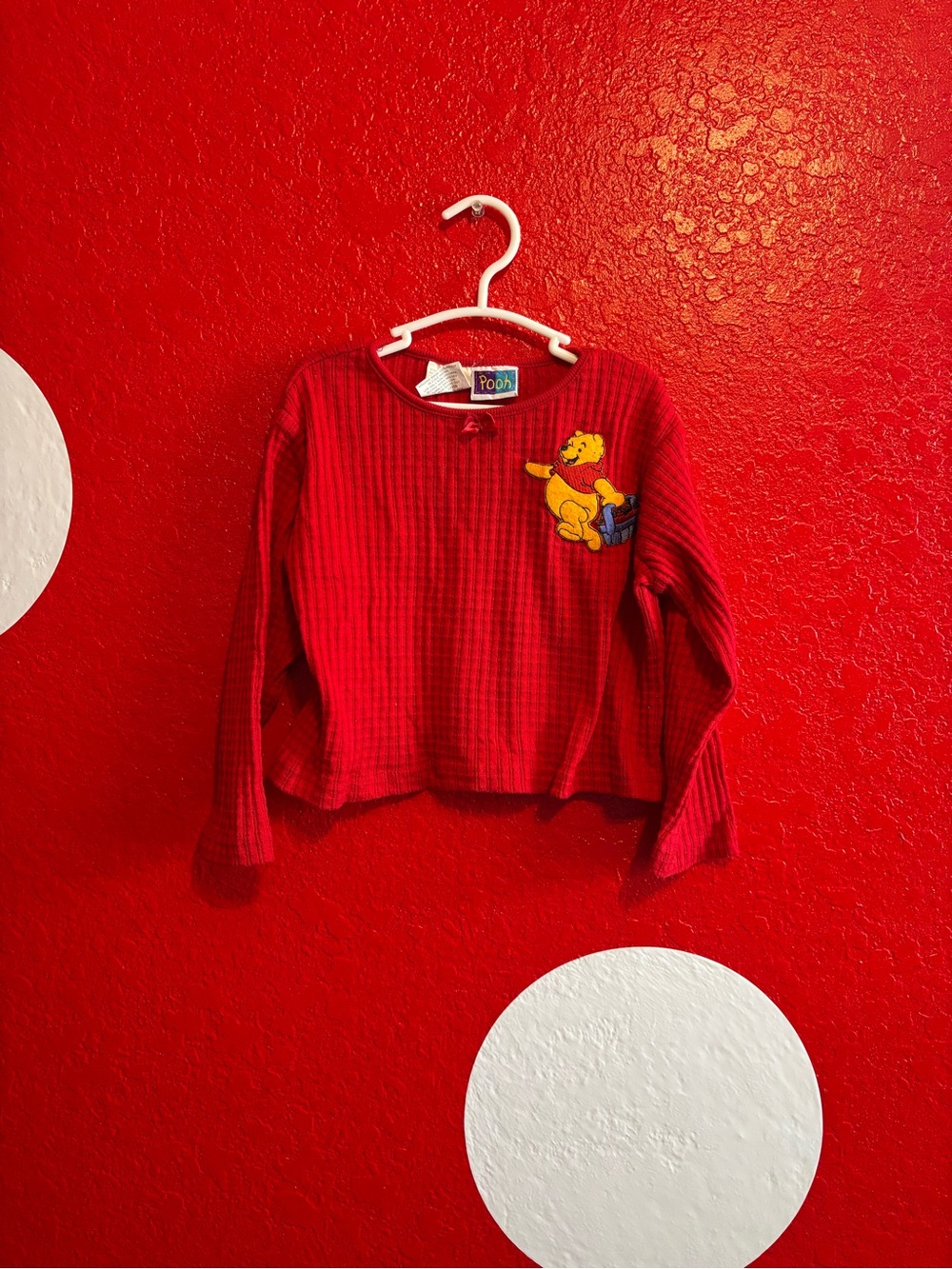 Rare vintage Red Long-Sleeve Kids Top with Embroidered Winnie the Pooh